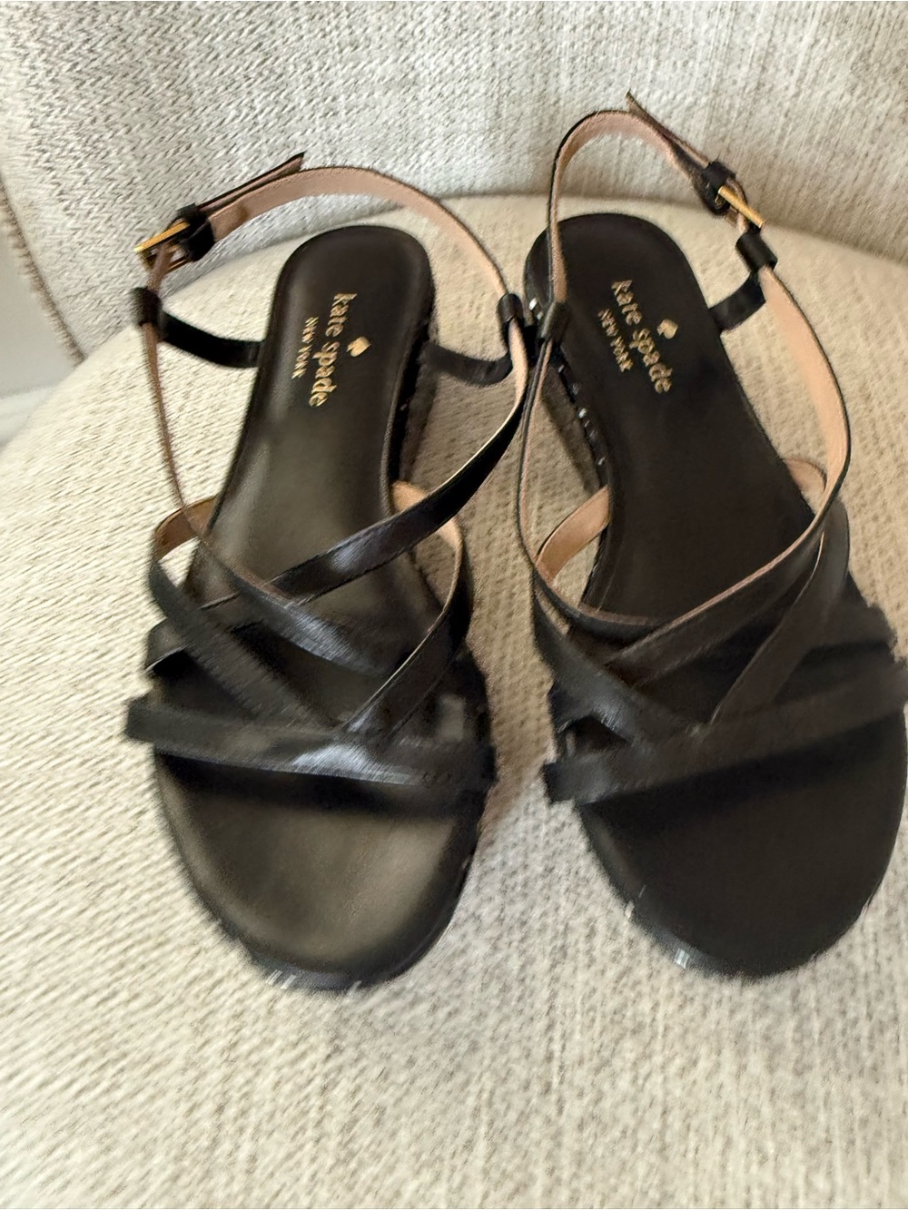 kate spade Black Strappy Leather Flat Sandals